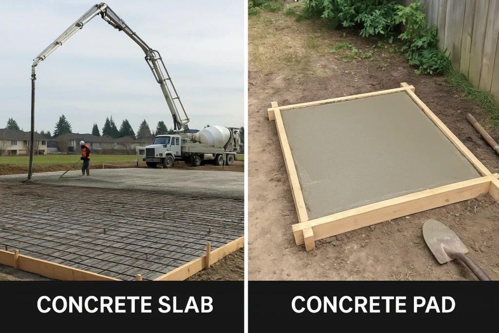 A side-by-side photo comparison of a large concrete slab pour vs a small backyard pad.