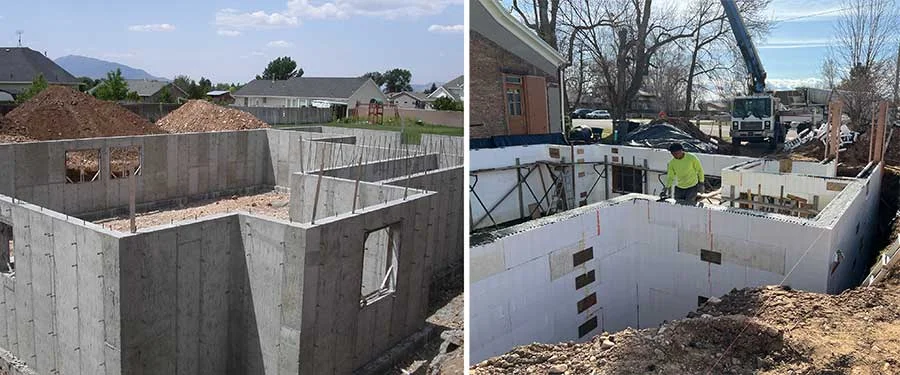 Side-by-side comparison of a traditional cast-in-place (CIP) concrete foundation on the left and an insulated concrete form (ICF) foundation under construction on the right