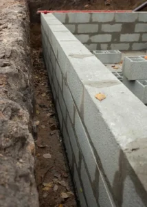 Block Foundation vs Poured Foundation: Which One Is Better for Your Build? 1 Close-up view of a concrete block foundation wall under construction, showing stacked cinder blocks and mortar joints beside an excavated soil trench