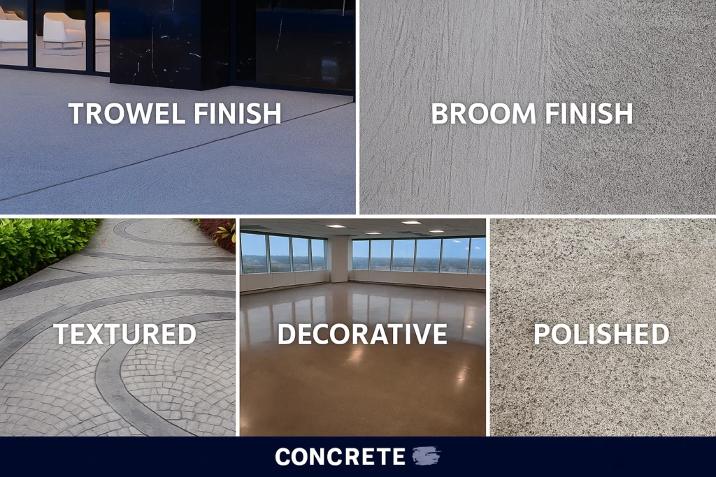 Infographic showing six types of concrete finishes trowel finish, broom finish, exposed aggregate, stamped decorative concrete, polished concrete, and salt finish — each illustrated with a labeled photo tile for visual comparison