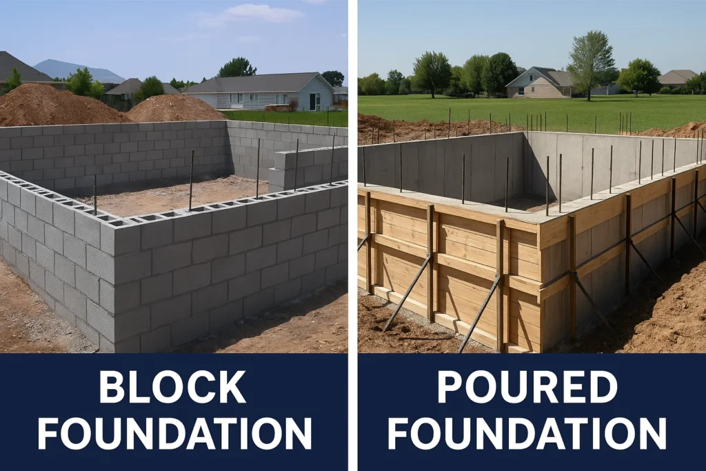Side-by-side comparison of concrete block foundation and poured concrete foundation at construction sites