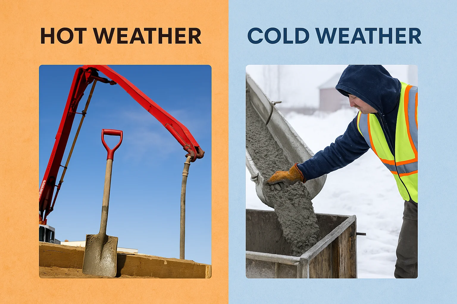 Blog & Market Trends 4 Side-by-side image comparing hot and cold weather concrete pours with best practices for each season