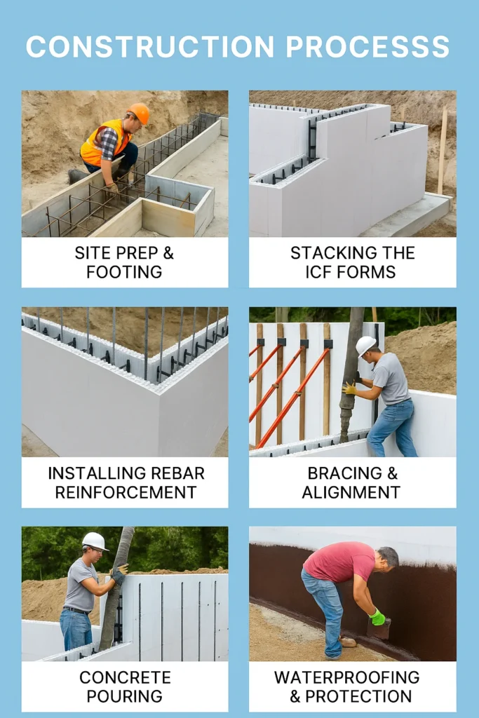 Step-by-step tile infographic showing the ICF foundation construction process, including site prep, placing EPS forms, adding rebar, pouring concrete, curing, and waterproofing