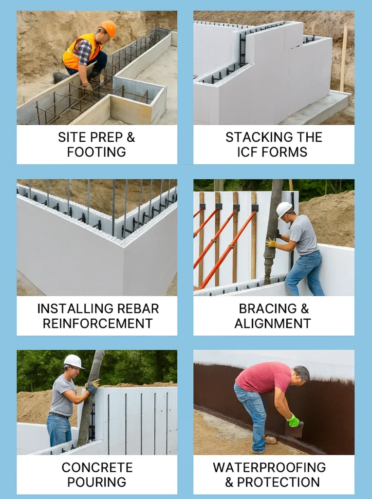 Step-by-step tile infographic showing the ICF foundation construction process, including site prep, placing EPS forms, adding rebar, pouring concrete, curing, and waterproofing